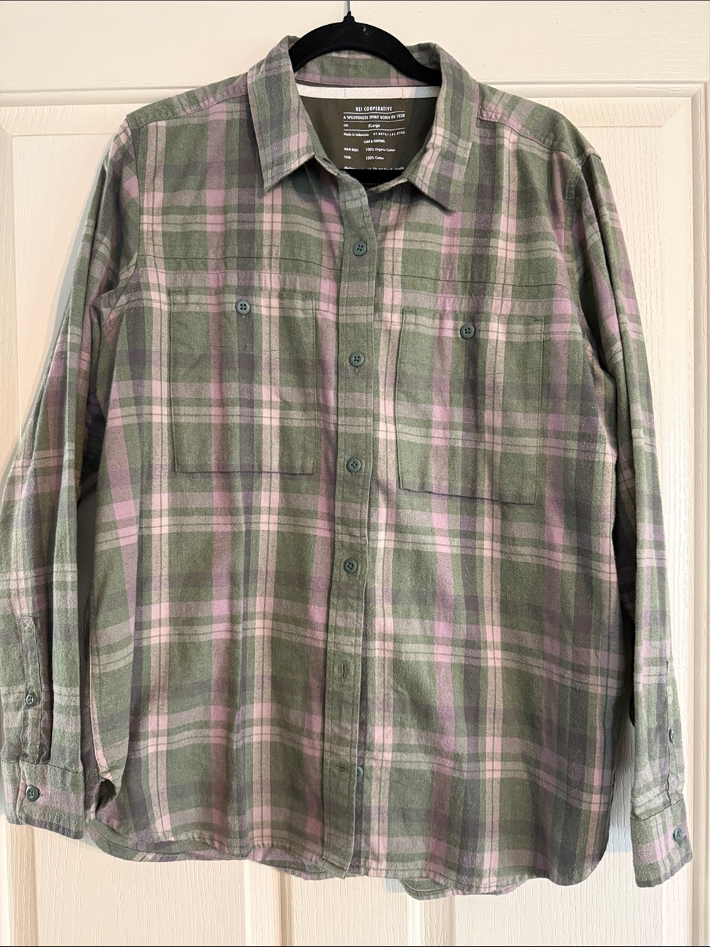 REI 100% Organic Cotton Flannel Olive Green & Light Pink Plaid Button-Down Shirt